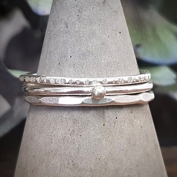 Sterling Silver Stacking Ring Set, Recycled Silver Hammered Rings, Skinny Stacking Rings