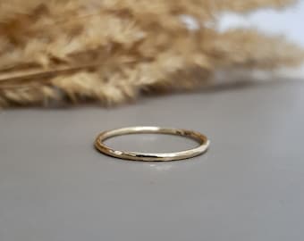 9ct Gold Stacking Ring With A Hammered Finish, Solid Gold Stacking Ring With Textured Finish Polished To A High Shine, Slim Gold Band