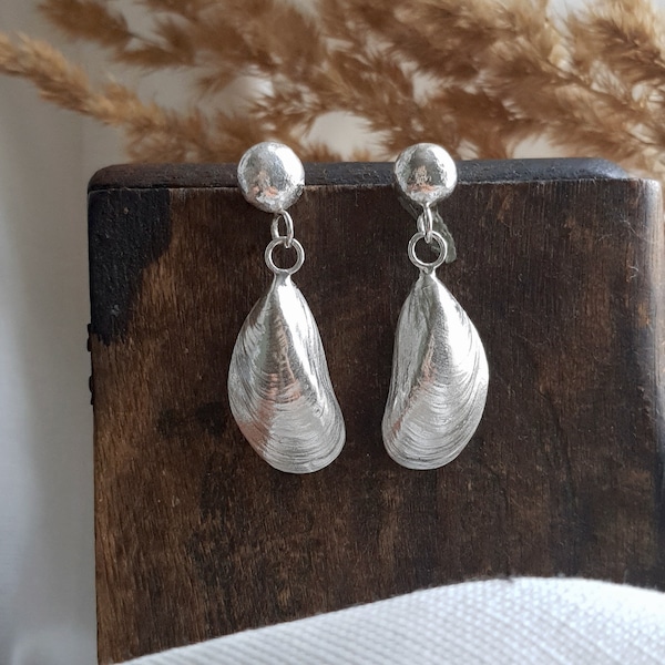 Silver Mussel Earrings, Silver Drop Earrings, Beach Theme Earrings, Eco Friendly Handmade Dangly Earrings, Coast Theme Earrings