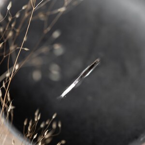 May include: A close-up shot of a silver barrette with a hammered texture. The barrette is partially submerged in a dark, matte surface. Dried, light brown grass-like stems are in the foreground, adding a natural element.