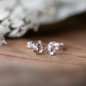 May include: A pair of silver flower stud earrings. The earrings are small and delicate, with a simple design.