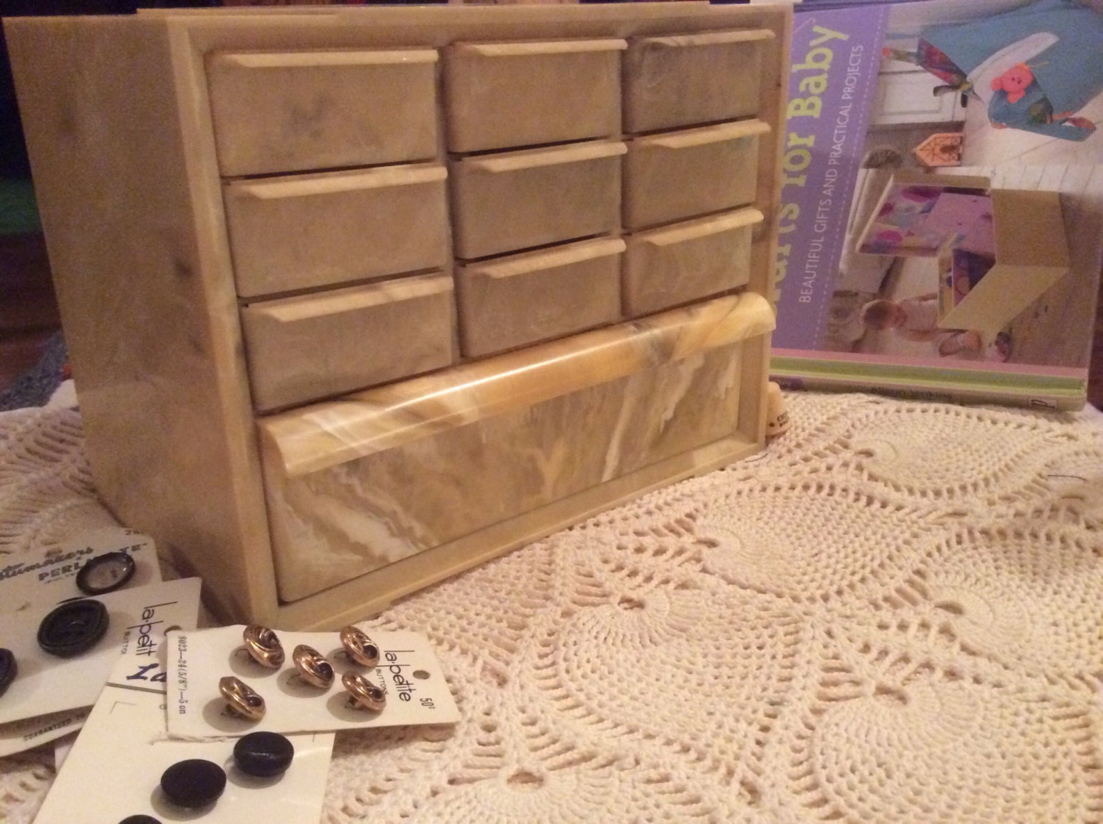 Vintage Plastic Sewing Box Organizer Marbled Tan Cream Color Etsy