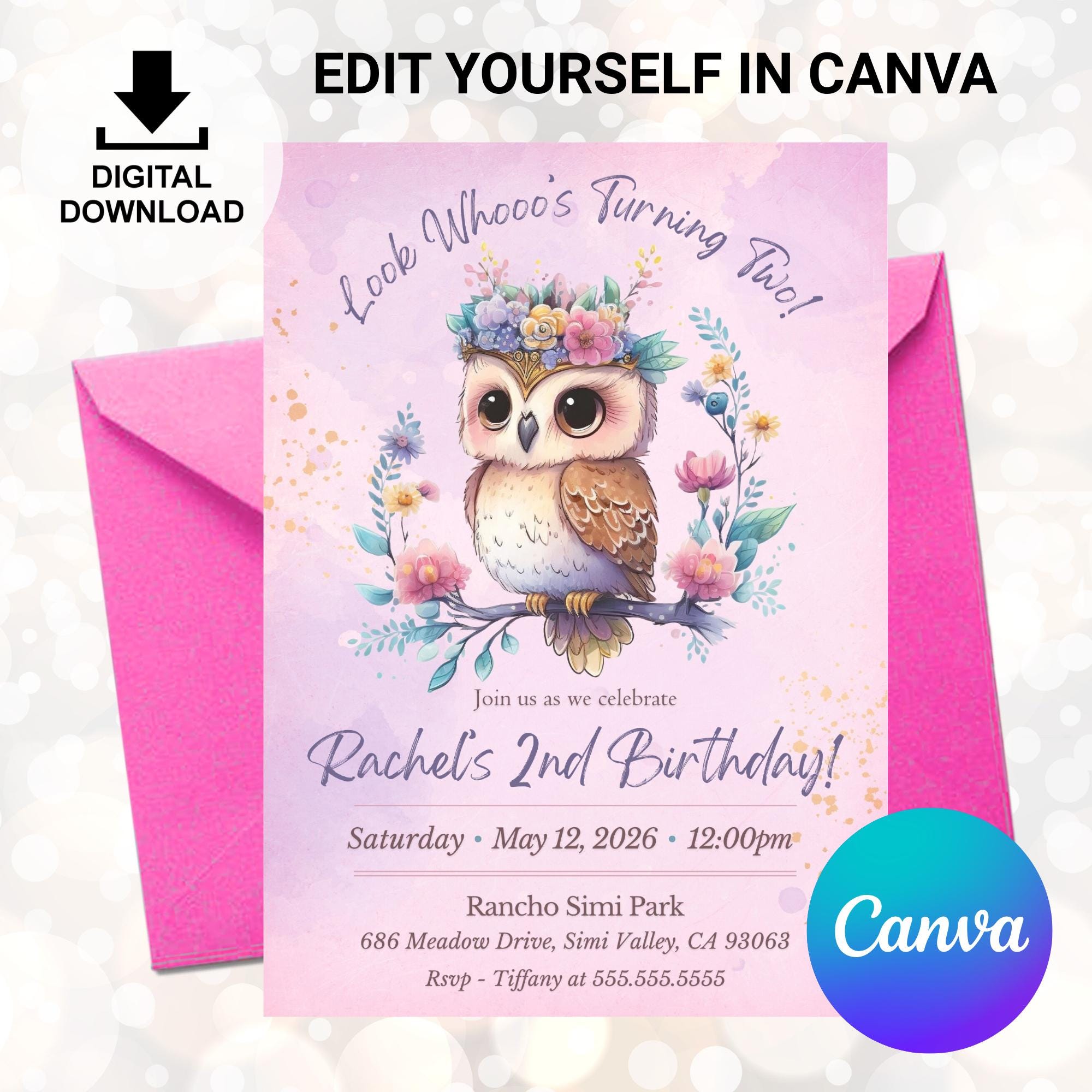 Owl Birthday Invitation Editable Template | Woodland Party Invitation | Printable Digital Download