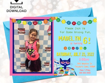 Groovy Pete the Cat Birthday Invitation | Button Garland | Digital Download | Custom Invitation