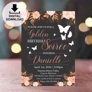 Invitación a una velada de cumpleaños dorada / Descarga digital elegante en oro rosa y negro / Personalización