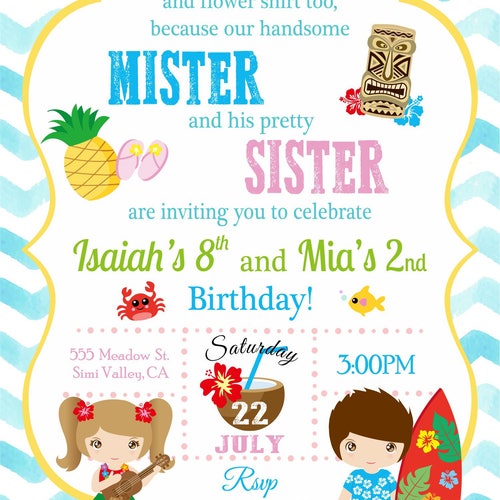 Digital Brother and Sister Luau Birthday Invitation
