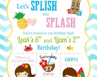 Digital Brother and Sister Splish Splash Birthday Invitation