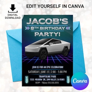 May include: A digital download invitation for Jacob's 8th birthday party. The invitation features a futuristic car design on a black and blue background. The text reads "Edit Yourself in Canva" and includes party details.