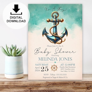 Digital Nautical Baby Shower Invitation, It&#39;s a Boy, Anchor, Sea Theme, Digital Invitation, Text Party Email SMS Evite, DIY Digital