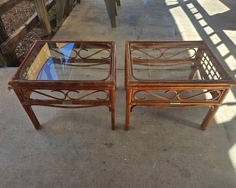 Pair of Vintage Rattan & Glass-Top Side Tables (Set of 2)