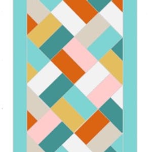 May include: A quilt pattern called "Tillie" by Julie Thelen quilting & design. The pattern features a geometric design with orange, teal, pink, yellow, and beige squares.