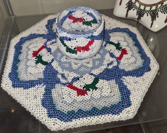 OOAK HANDMADE. Lovely Greenland Danish Beaded Glass Polar Bear Table Mat and Candleholder.