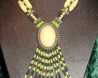 OOAK HANDMADE. Stunning Yellow Jade Fine Glass Beaded Necklace.