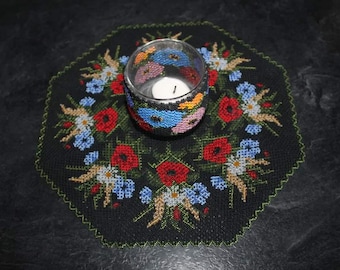 OOAK Handmade Stunning Greenland Fine Glass Beaded Poppy Table Mat with candleholder