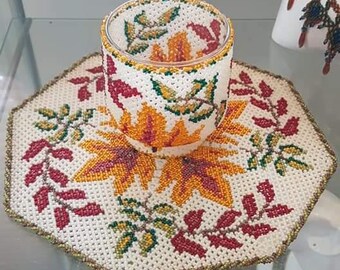 OOAK Autumn Glass Beaded Table Adornment with Candleholder