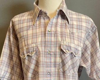 1970s White/Blue/Red Plaid Men's Short Sleeve Western Shirt - SIZE XL