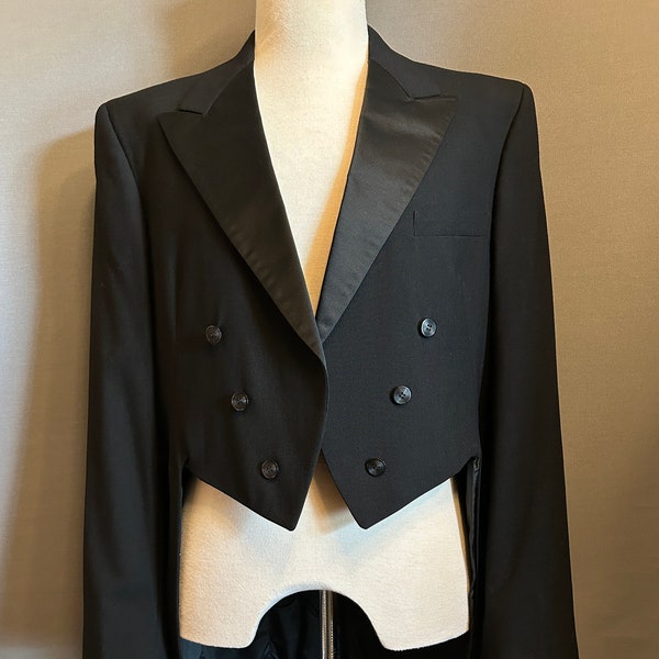 1960s Black Men's Wool + Satin Lapel Tuxedo Jacket with Tails - SIZE 44L