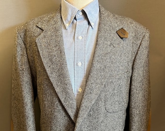 1980s Gray + Multicolor Flacked Men's 2-Button Tweed Blazer w/Suede Elbow Patches- SIZE 44L
