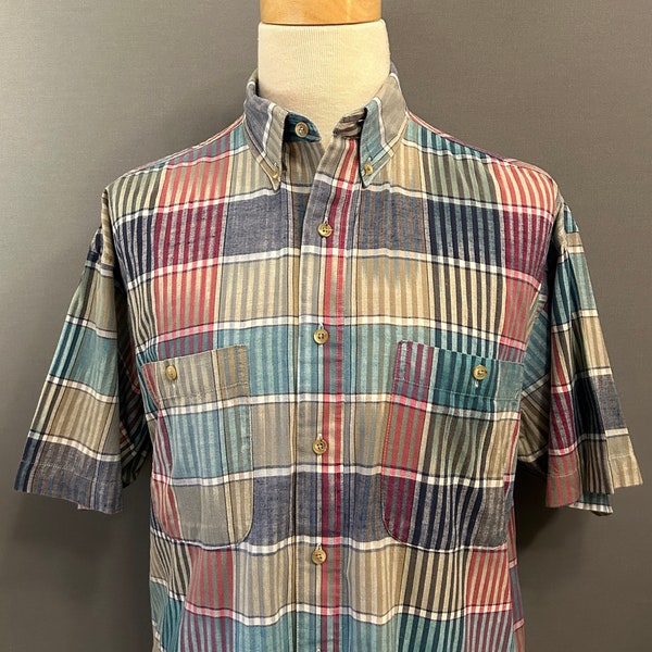 1980s Blue/Teal/Red Plaid Men's Short Sleeve Indian Cotton Shirt - SIZE M
