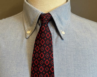 Corbata de seda italiana para hombre de los años 80 con estampado de foulard negro/rojo/plateado de G. Battistoni
