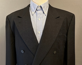1980s Black + Silver Men&#39;s Italian Wool Double Breasted Blazer - SIZE 42