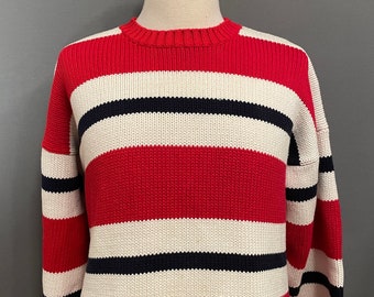 1990s Red/White/Navy Striped Men's Cotton Crewneck Sweater by Gap - SIZE L