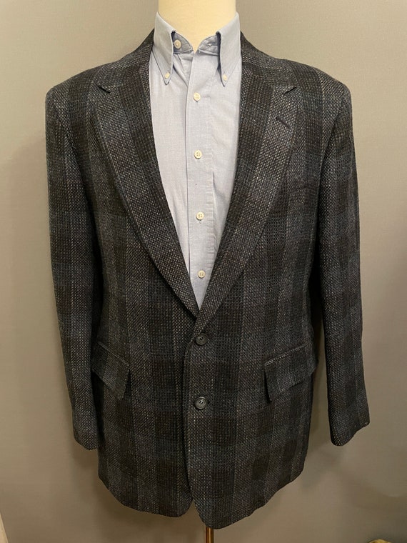 1970s Navy/Blue/Gray Plaid Men's 2-Button Tweed B… - image 2