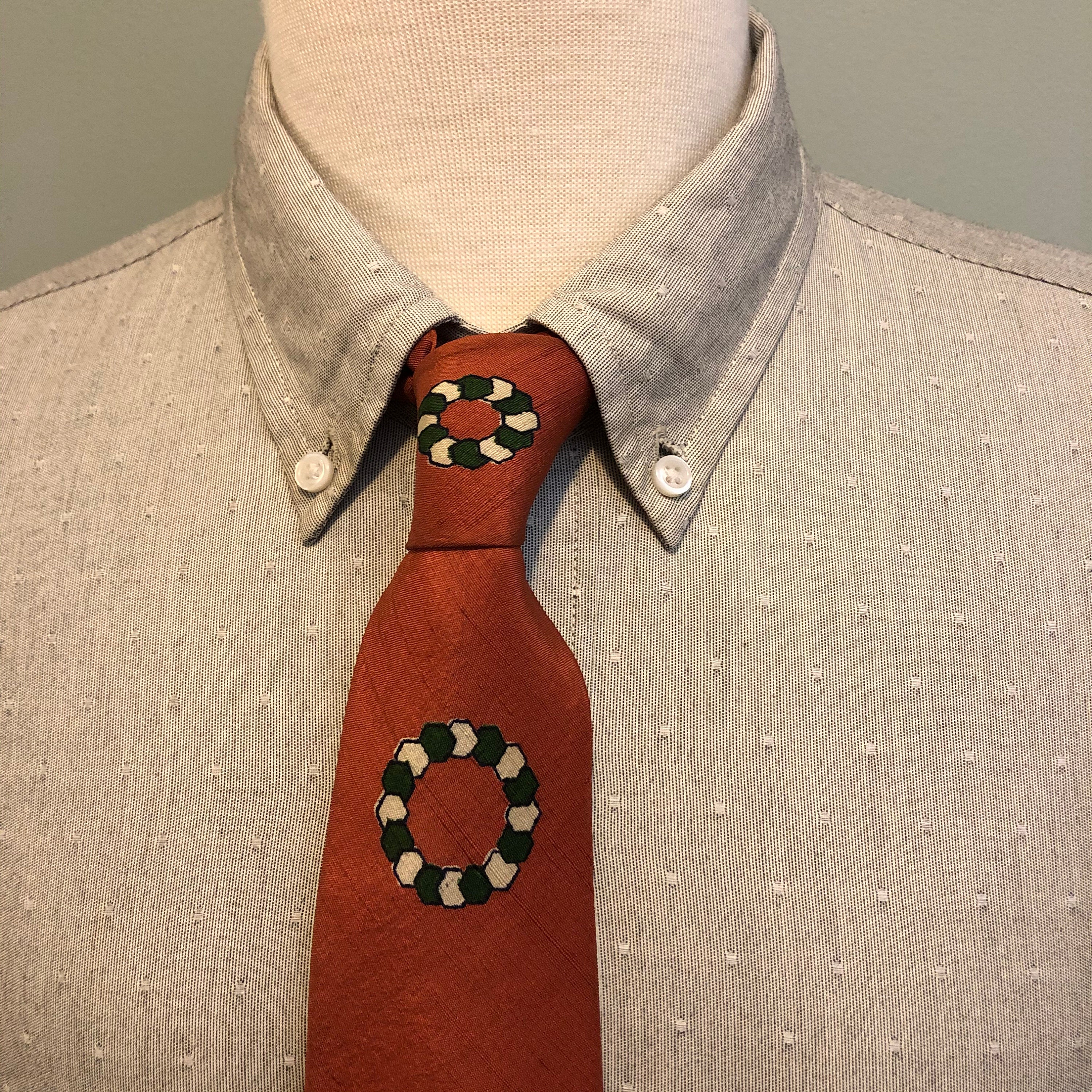 1940s Mens Ties | Wide Ties & Painted Ties RustGreenWhite Ring Pattern Mens Textured Silk Tie C1950S $26.00 AT vintagedancer.com