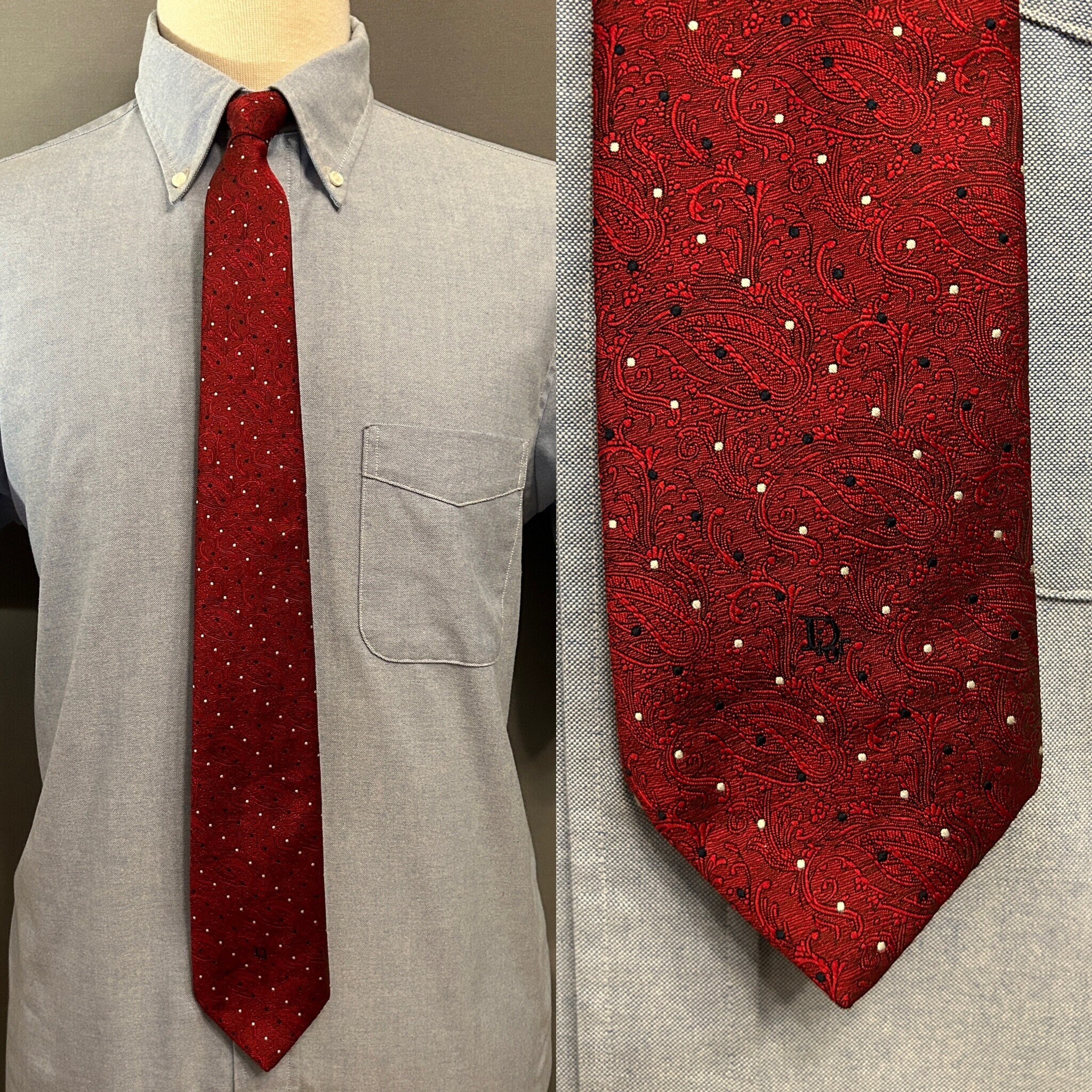 1980s Christian Dior Red Paisley + Dots Pattern Men's Poly/silk