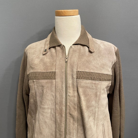 1970s Light Cocoa Brown Knit + Suede Men's Zip-Fr… - image 1