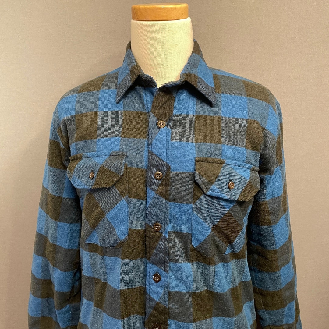 C1970s Blue/black Buffalo Plaid Men's Quilted Flannel Shirt Jacket SIZE
