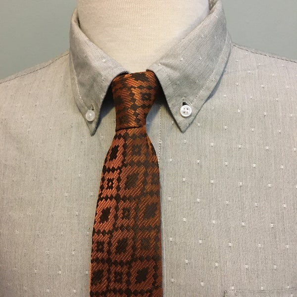 Men's Orange + Brown Ikat-Like Squares Pattern Acetate Tie c1960s