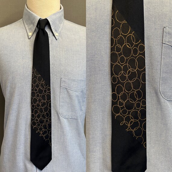 1980s Black + Gold Circles Pattern Men's Silk Tie