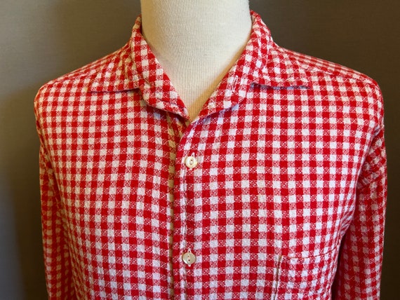 1990s Red + White Gingham Men's Cotton Shirt by S… - image 3