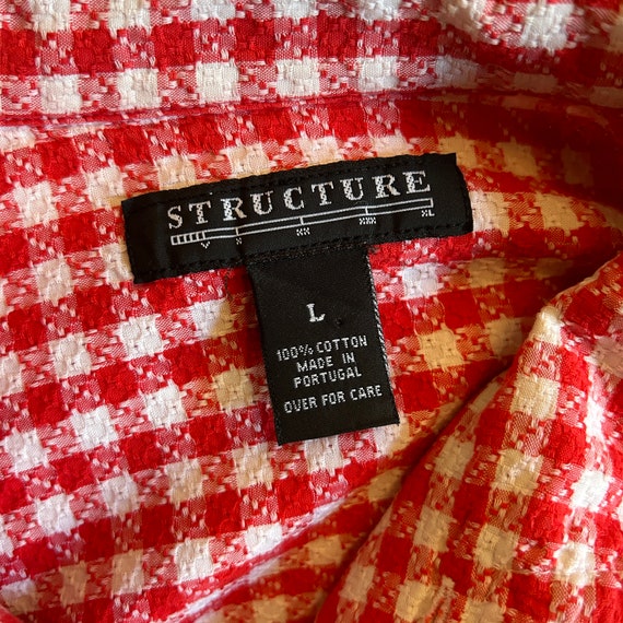 1990s Red + White Gingham Men's Cotton Shirt by S… - image 9