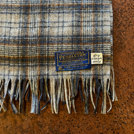 1970s Pendleton Gray/Brown/Blue Plaid Wool Scarf … - image 1