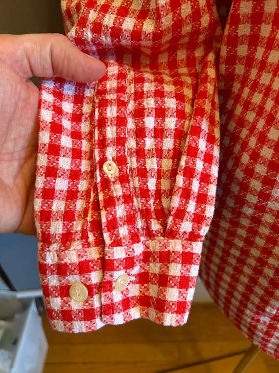 1990s Red + White Gingham Men's Cotton Shirt by S… - image 6