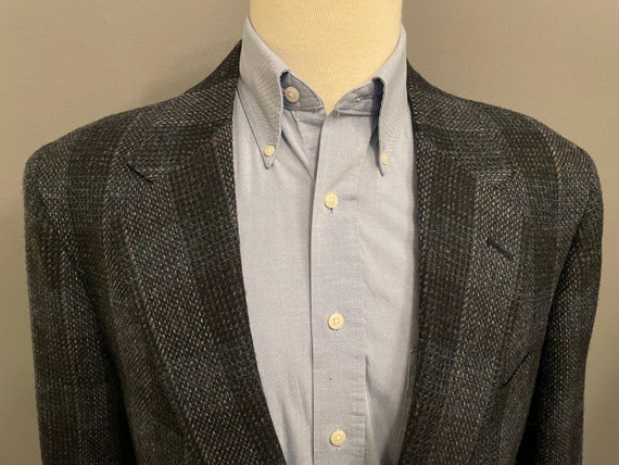 1970s Navy/Blue/Gray Plaid Men's 2-Button Tweed B… - image 3