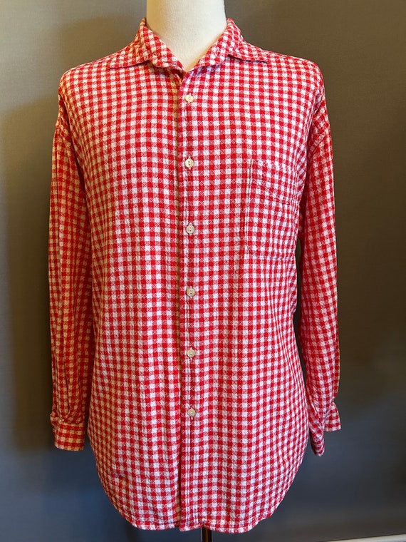 1990s Red + White Gingham Men's Cotton Shirt by S… - image 2