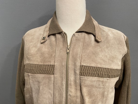 1970s Light Cocoa Brown Knit + Suede Men's Zip-Fr… - image 3