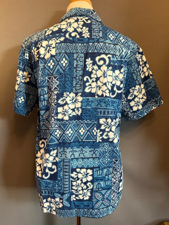 1980s Blue Floral/Tribal Men's Cotton Blend Hawai… - image 7