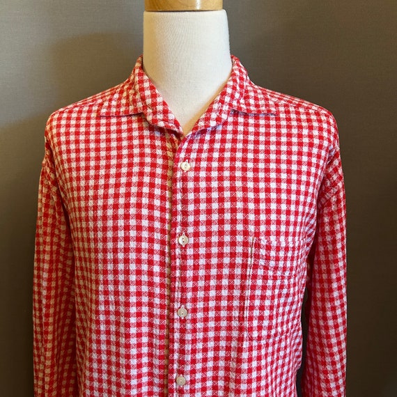 1990s Red + White Gingham Men's Cotton Shirt by S… - image 1