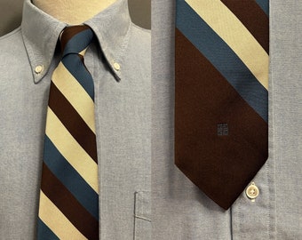 c1970s Givenchy Brown/Blue/Ivory Striped Men's Silk Blend Tie