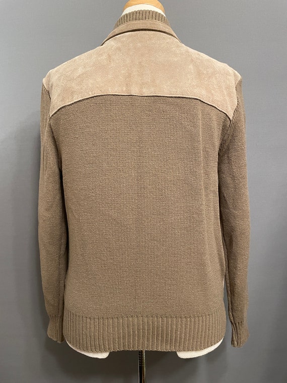 1970s Light Cocoa Brown Knit + Suede Men's Zip-Fr… - image 5