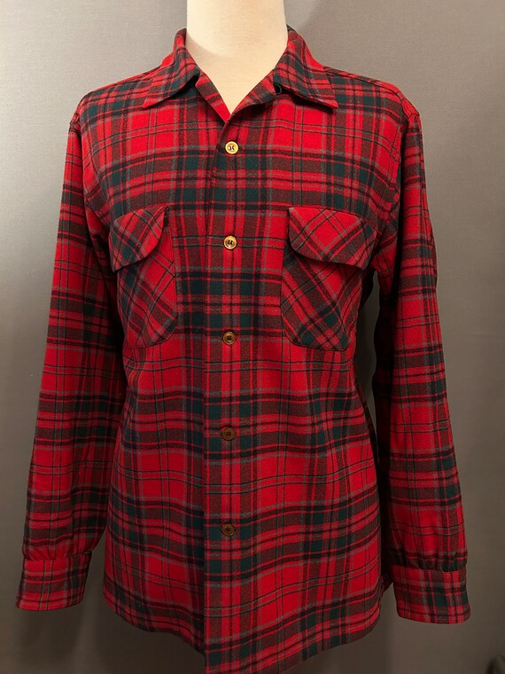 1960s Pendleton Board Shirt in Crimson/dark Green/blue Plaid Wool 