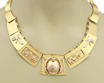 20130 - Scarab Hieroglyphic Egyptian Graduated 14k Yellow Gold Panel Necklace