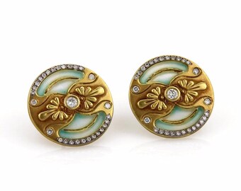 18923 - Plique a Jour Enamel Diamond Stud Earrings: 18k Yellow Gold Floral Design