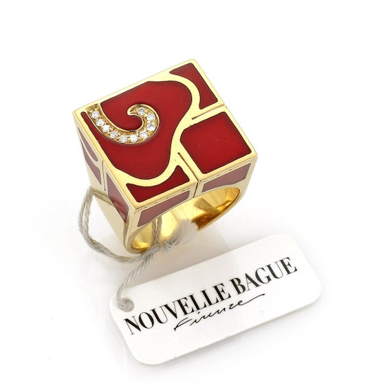 22342 - Nouvelle Bague Diamond Enamel 18k Gold Square Ring