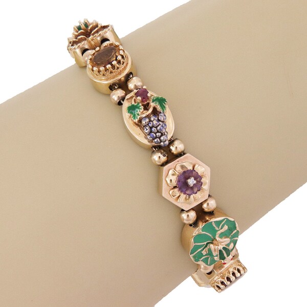 28186 - Multicolor Gems Enamel 14k Yellow Gold 12 Slide Charms Bracelet