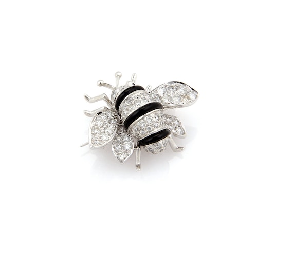 13827 - Diamond Onyx Bumble Bee 18k White Gold Br… - image 2